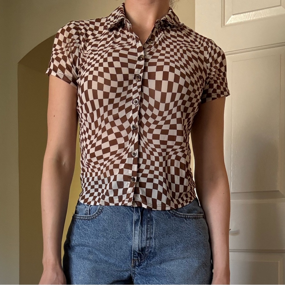 Brown and White Checkered Mesh Button Down Shirt